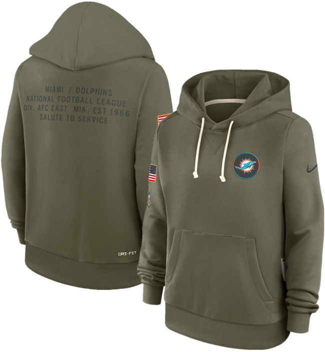 Women's Miami Dolphins Olive 2025 Salute to Service Sideline Standard Issue Dri-FIT Hoodie(Run Small)